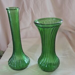 Vintage Green Pressed Glass Vase Duo. Vintage